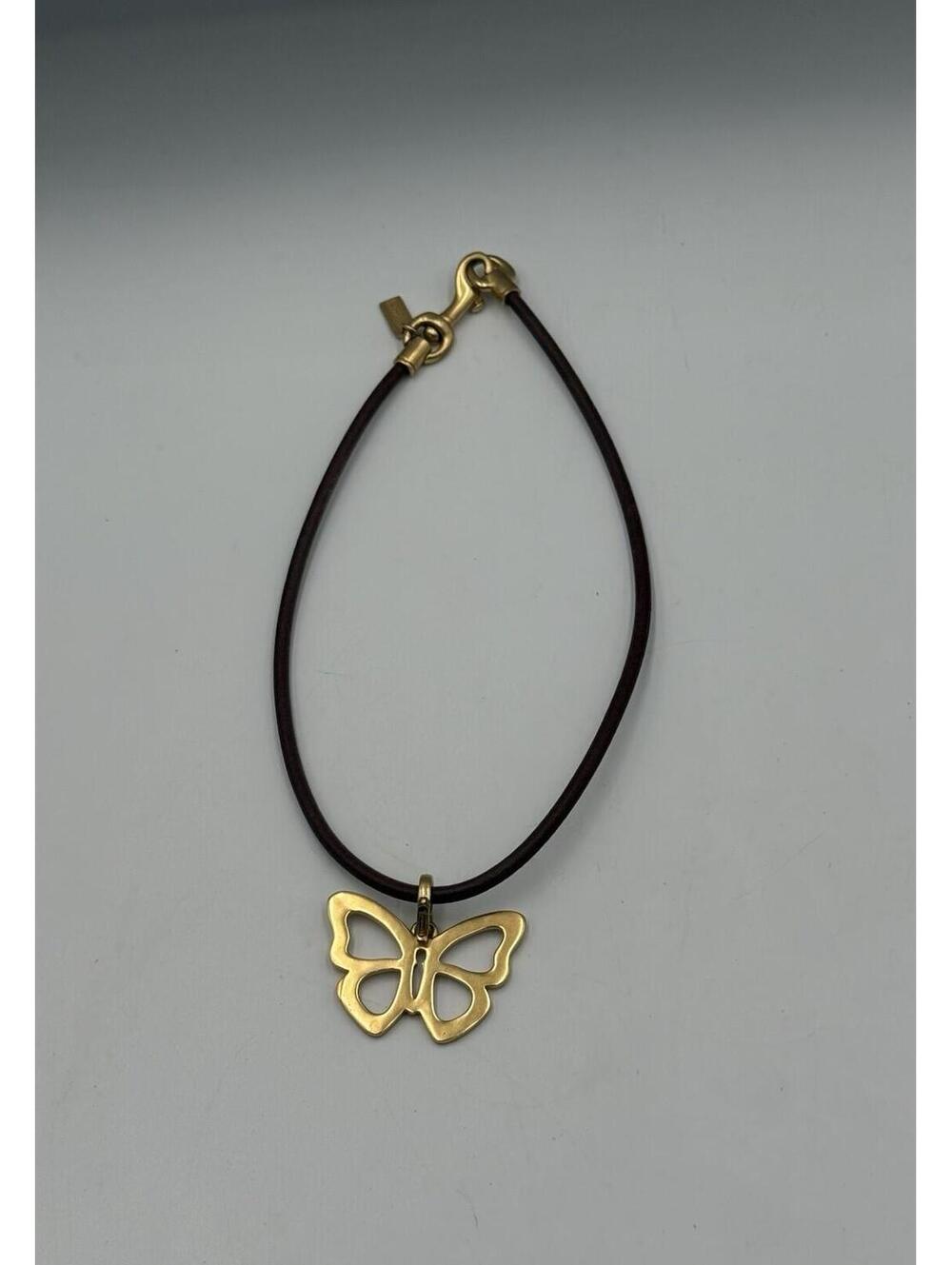 COACH Brown Leather Cord Gold Tone Butterfly  Pendant Necklace